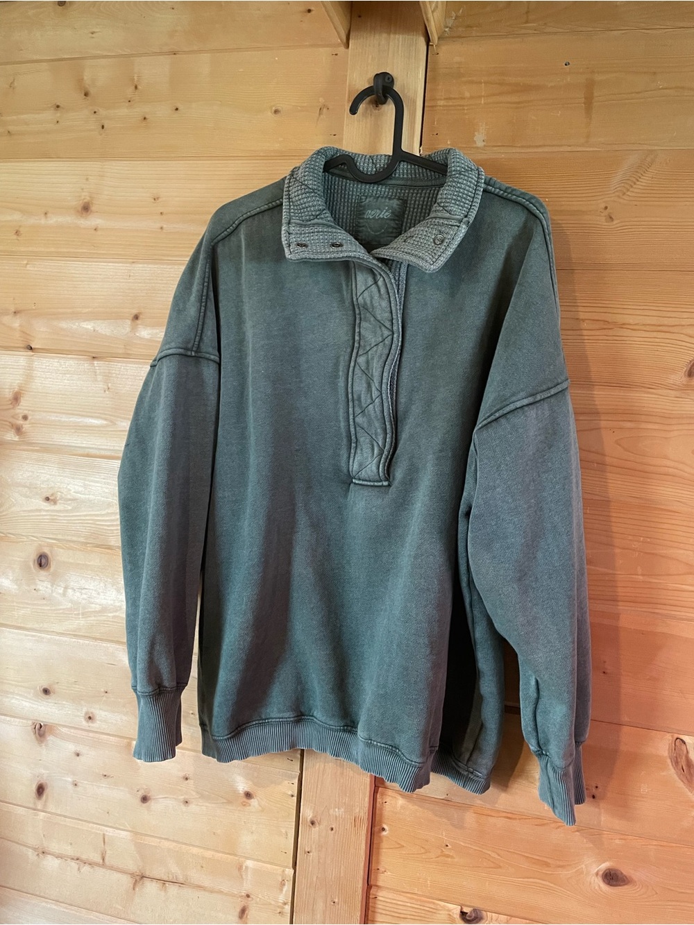 Aerie Airplane Washed Green Pullover Sweatshirt with Collar